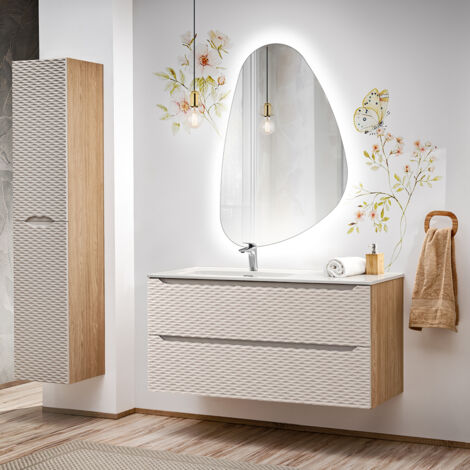 Conjunto de muebles con lavabo individual encastrado lado izquierdo 120cm 2 cajones y columna Elora Beige y madera