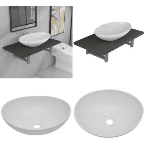 Conjunto de muebles de baño 2 piezas cerámica gris - Estante de baño - Lavabo ovalado