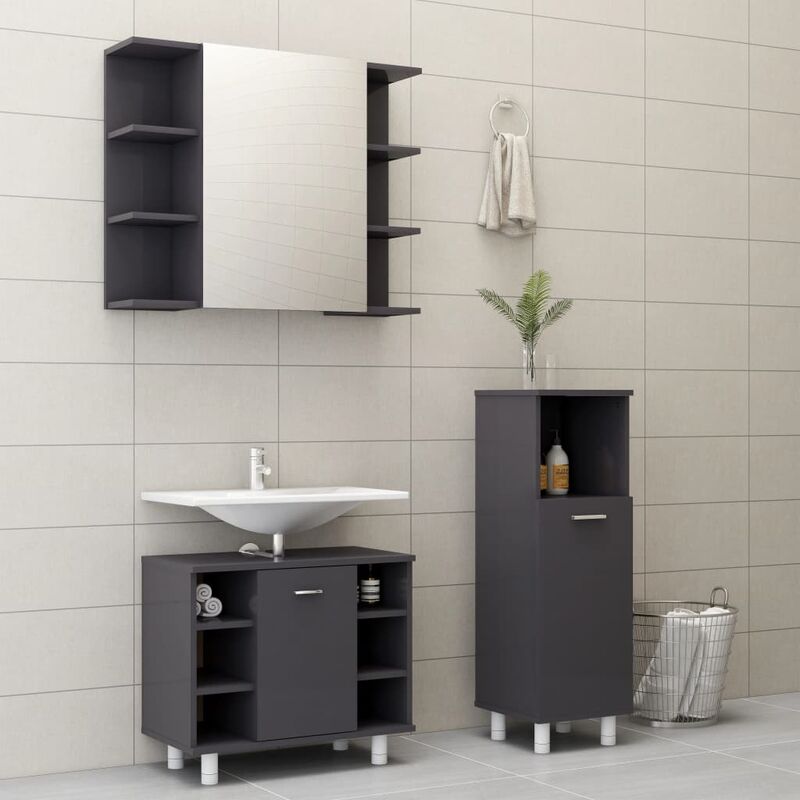 

Conjunto de muebles de baño 3 piezas aglomerado gris brillante