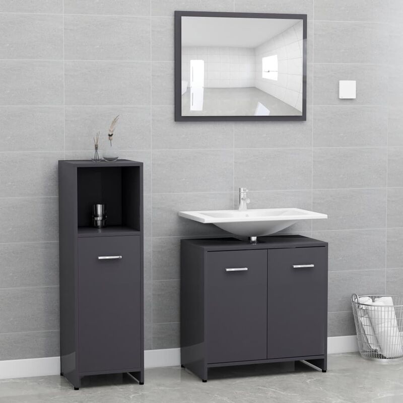 

Conjunto de muebles de baño 3 piezas aglomerado gris brillante