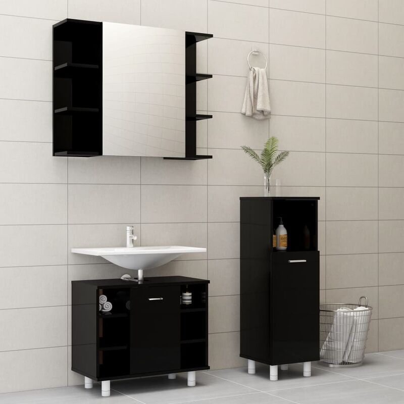 

Conjunto de muebles de baño 3 piezas aglomerado negro brillante