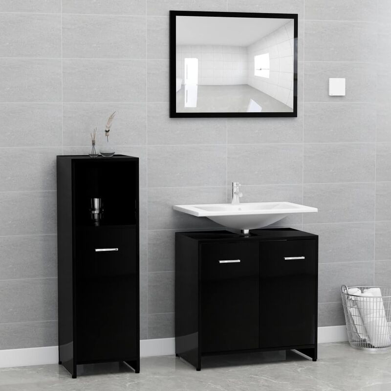 

Conjunto de muebles de baño 3 piezas aglomerado negro brillante