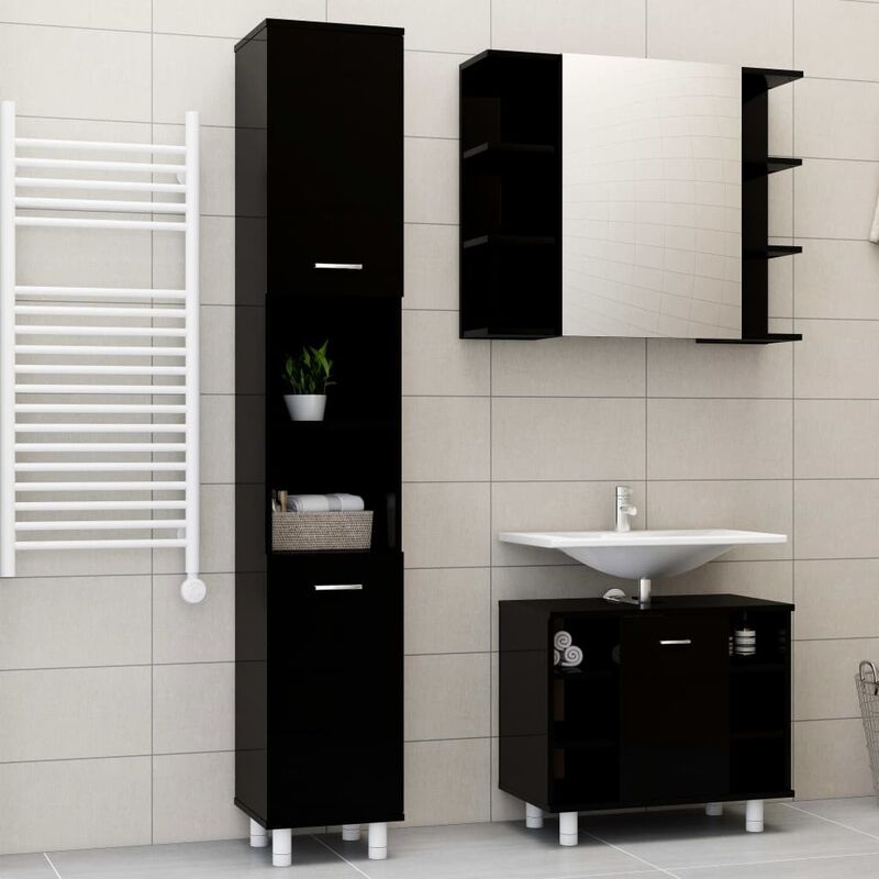 

Conjunto de muebles de baño 3 piezas aglomerado negro brillante