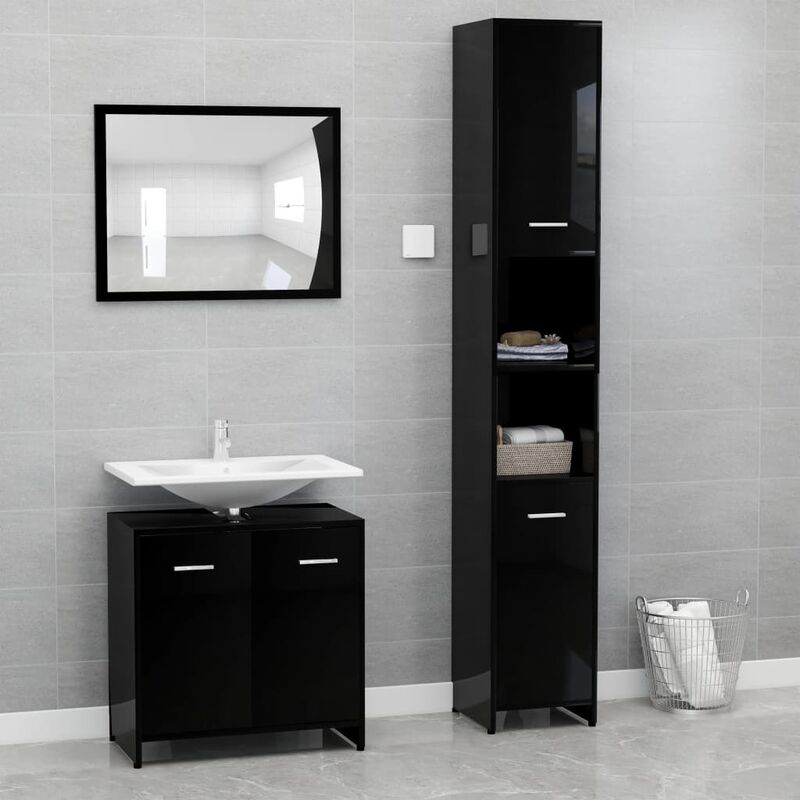 

Conjunto de muebles de baño 3 piezas aglomerado negro brillante