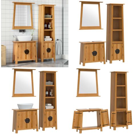 Conjunto de muebles de baño 3 piezas madera maciza de pino - Armario de baño - Espejo de baño