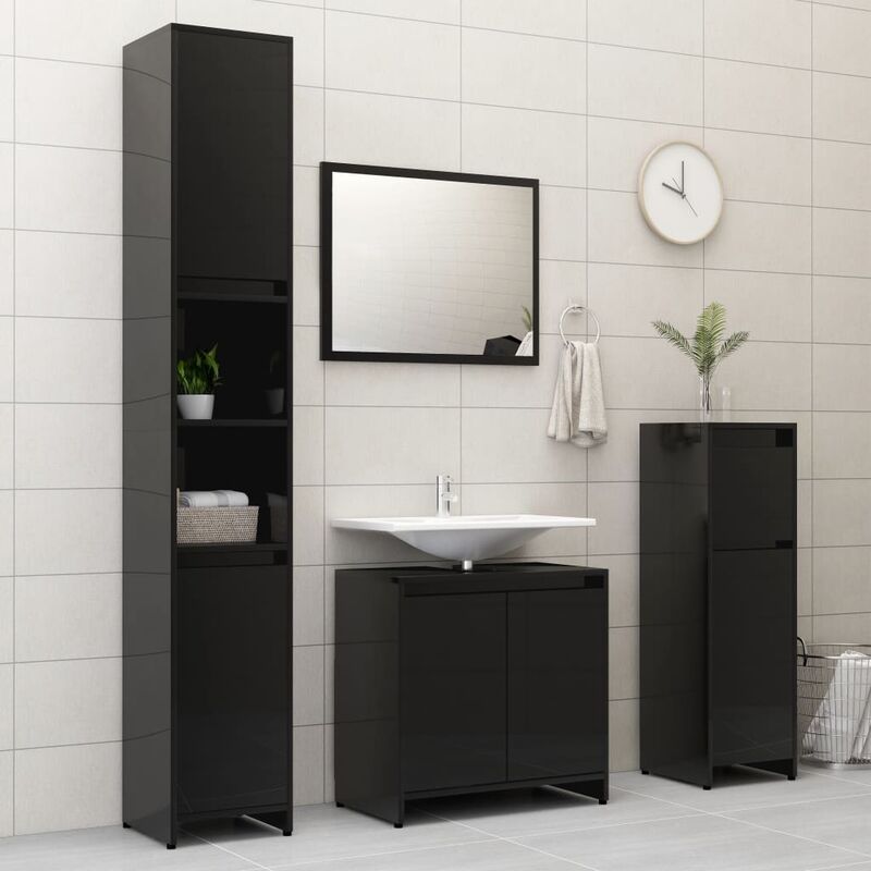

Conjunto de muebles de baño 4 piezas aglomerado negro brillante
