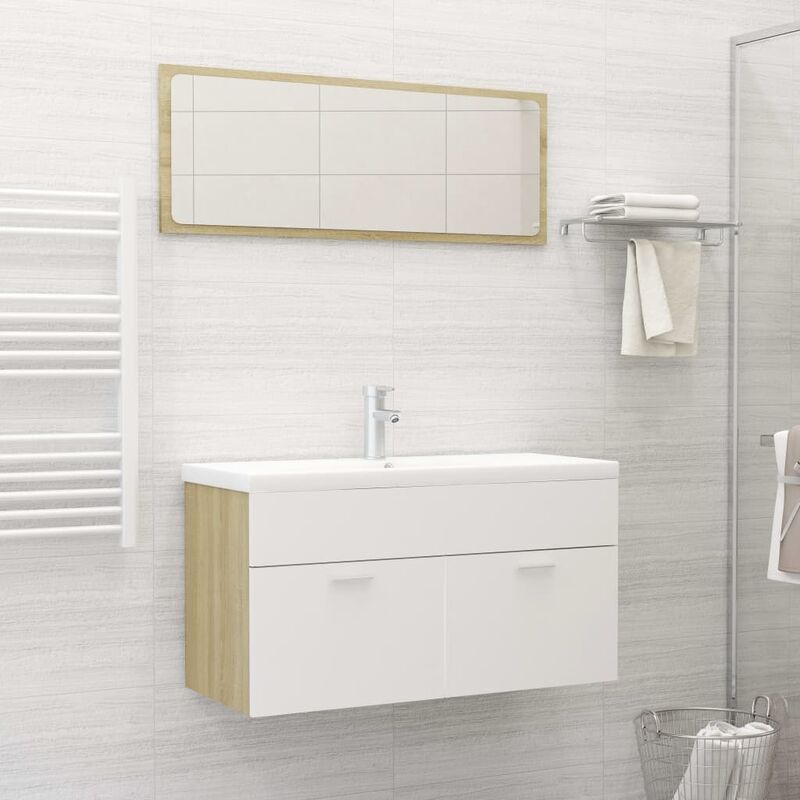 

Conjunto de muebles de baño aglomerado blanco y roble Sonoma