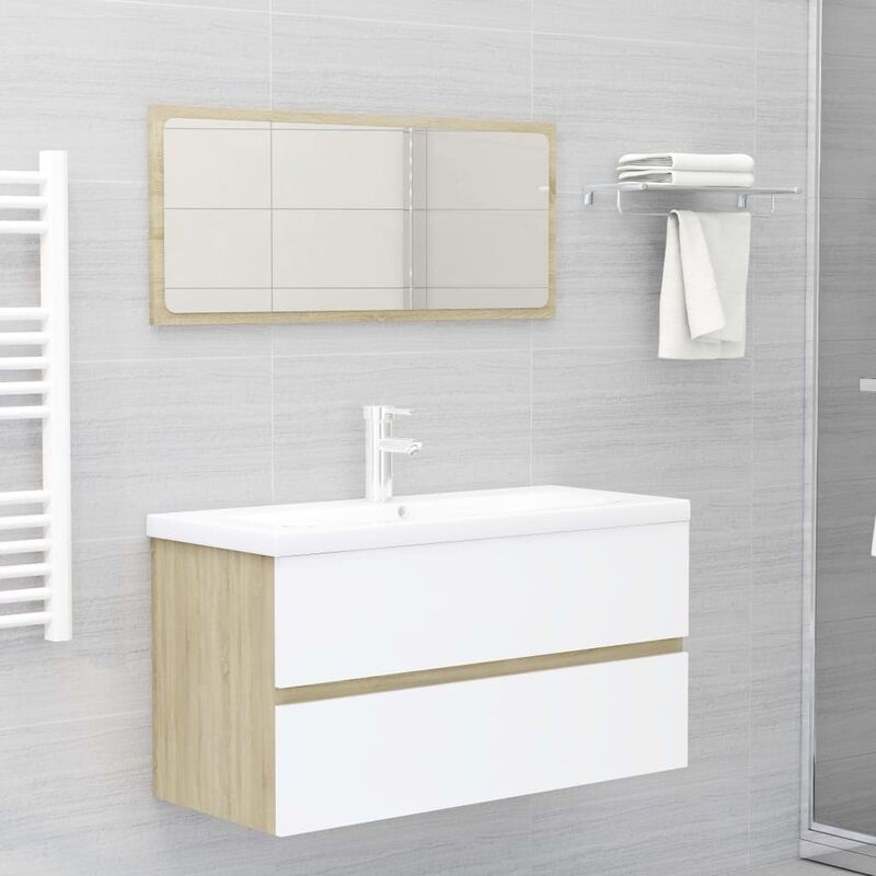 

Conjunto de muebles de baño aglomerado blanco y roble Sonoma