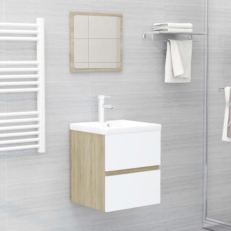

Conjunto de muebles de baño aglomerado blanco y roble Sonoma