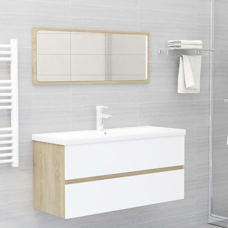 

Conjunto de muebles de baño aglomerado blanco y roble Sonoma
