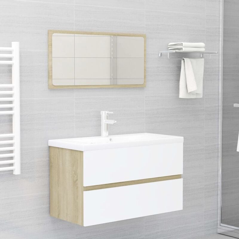 

Conjunto de muebles de baño aglomerado blanco y roble Sonoma