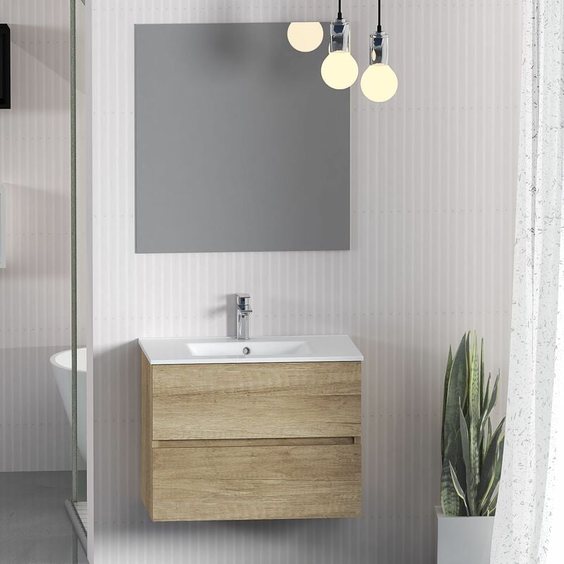 

Conjunto de Muebles de Bańo con Lavabo y Espejo, Suspendido a la Pared, Dos Cajones, Acabado en Nature, 60 x 55 x 46 cm
