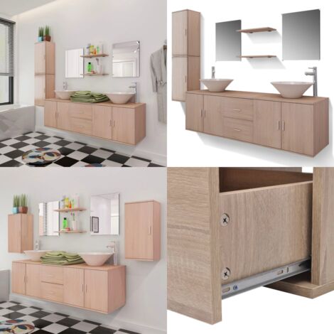Conjunto de muebles de baño con lavabo y grifo 11 piezas beige - Muebles de baño - Armarios de baño