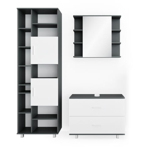 Conjunto de muebles de baño Ilias, Blanco/antracita, 3 partes, con mueble alto, Vicco