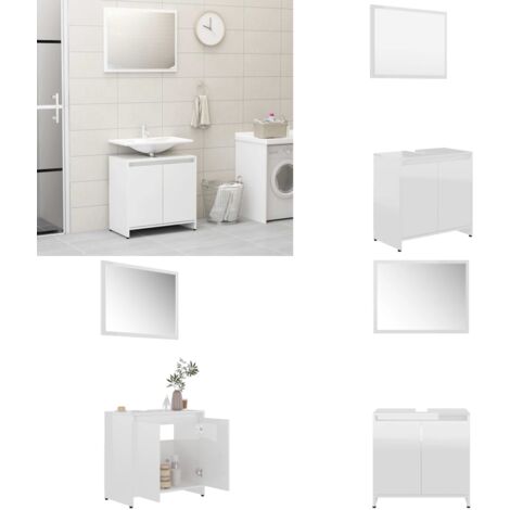 Conjunto de muebles de baño madera contrachapada blanco brillo - Espejo de baño - Muebles de baño