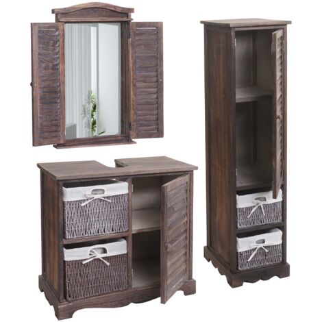 Conjunto de muebles de baño mueble lavabo, espejo de pared y mueble almacenaje en madera marrón envejecida 040006704