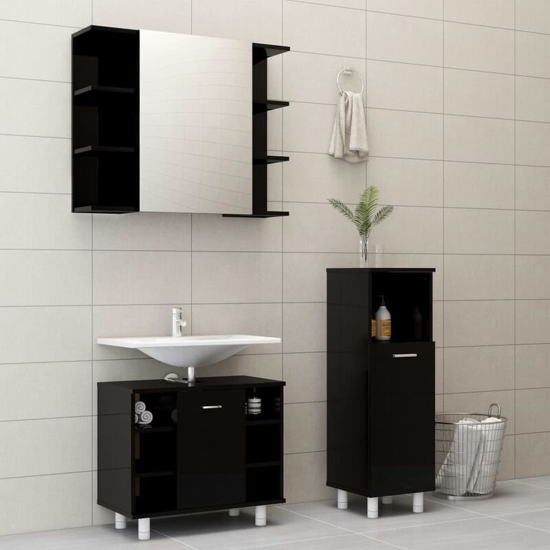 

Conjunto de muebles de baño 3 piezas aglomerado negro brillante - Negro