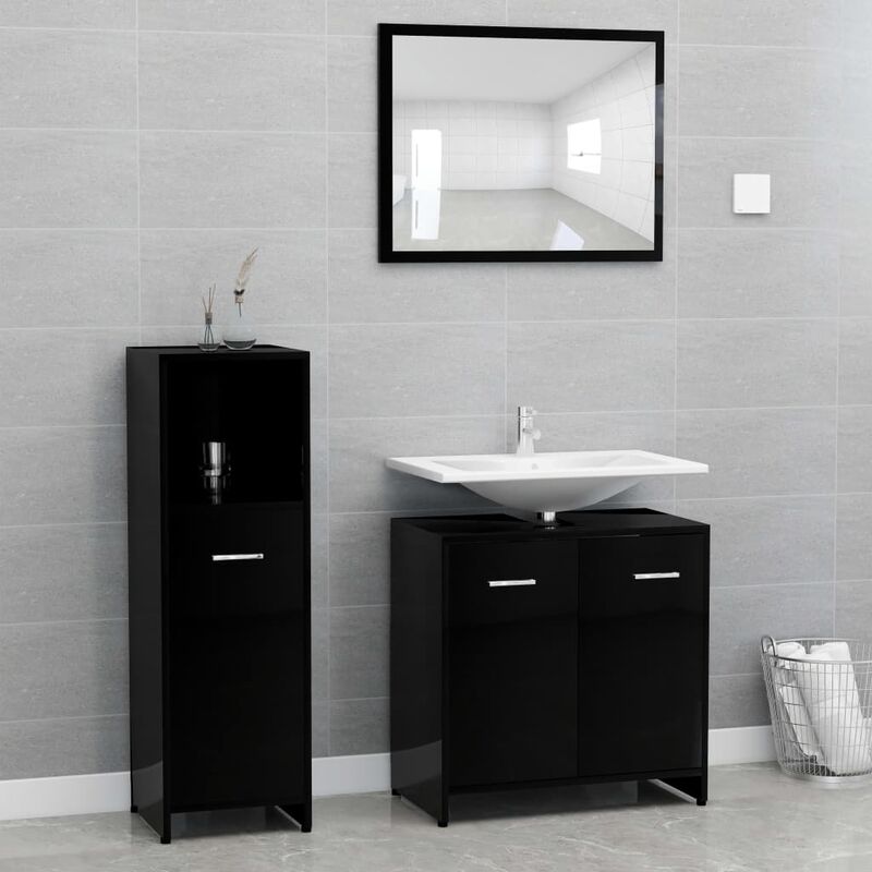 

Conjunto de muebles de baño 3 piezas aglomerado negro brillante - Negro