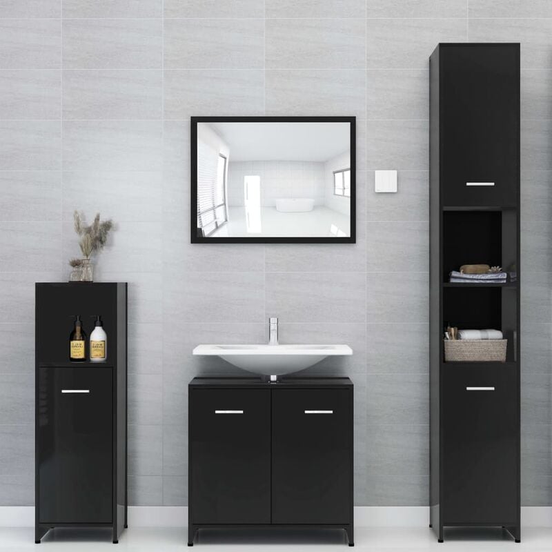 

Conjunto de muebles de baño 4 piezas aglomerado negro brillante - Negro