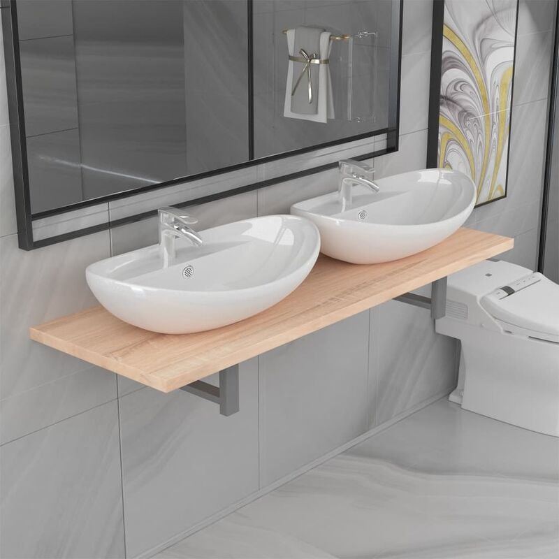 

Conjunto de muebles de baño de tres piezas cerámica roble - Marrón