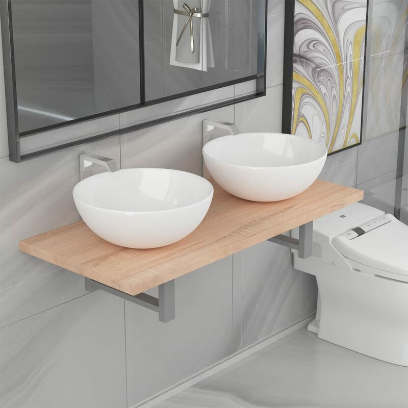

Conjunto de muebles de baño de tres piezas cerámica roble - Marrón