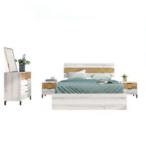 Conjunto de Muebles de Dormitorio Estilo Nórdico en Color Blanco Albo y Roble Rayado (Cama de Matrimonio, Cabecero, 2 Mesitas de Noche, Cómoda)