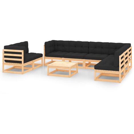 Conjunto de muebles de jardín 9 piezas Salón de Jardín y cojines madera maciza pino ES57078A