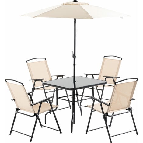 Conjunto de Muebles de Jardín con 4 Sillas Plegables Mesa de Comedor de Vidrio y Sombrilla Inclinable para Patio Terraza Exterior 80x80x70 cm