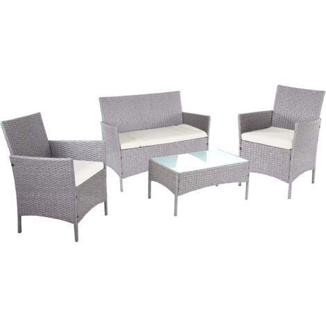 Conjunto de muebles de jardín con sofá, sillones y mesa en polirratán gris, cojines color crema 040000057