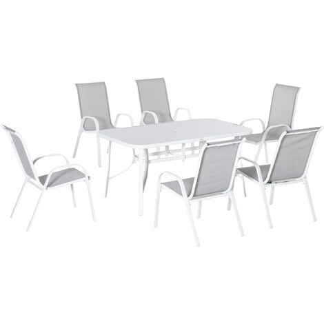 Conjunto de muebles de jardín de 7 piezas juego de mesa y 6 sillas para terraza con orificio para sombrilla y encimera de cristal templado
