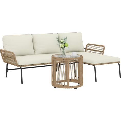Conjunto de muebles de jardín de ratán para exteriores con sofá chaise longue de 2 plazas, cojines y mesa auxiliar color crema.