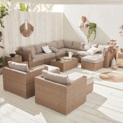 SWEEEK Conjunto de muebles de jardín de resina tejida, 12 a 14 plazas, Verona, Beige, 290x80x67.5 cm