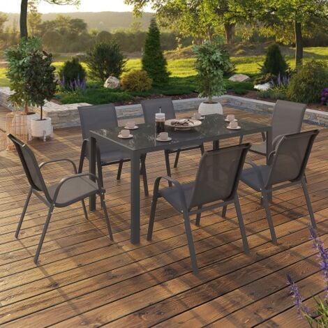 IDMARKET Conjunto de muebles de jardín MADRID mesa 150 CM y 6 sillas apilables gris antracita