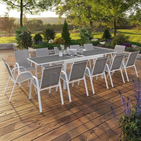 Conjunto de muebles de jardín MADRID mesa extensible 135-270 cm y 12 sillas apilables blanco y gris