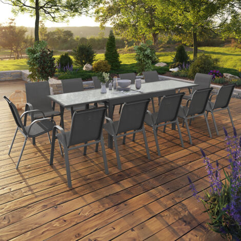 Conjunto de muebles de jardín MADRID mesa extensible 135-270 cm y 12 sillas apilables gris antracita