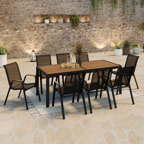 Conjunto de muebles de jardín NOUMEA 190 cm tablero de madera y 8 sillas apilables de madera y negro
