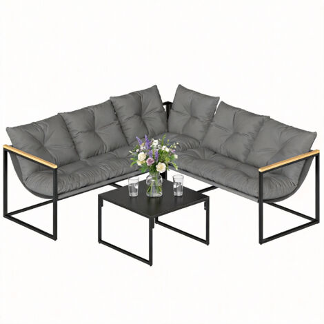 Conjunto de muebles de jardín para exteriores con cojines gruesos, 2 sofás de dos plazas, sofá esquinero y mesa de centro de cristal gris.
