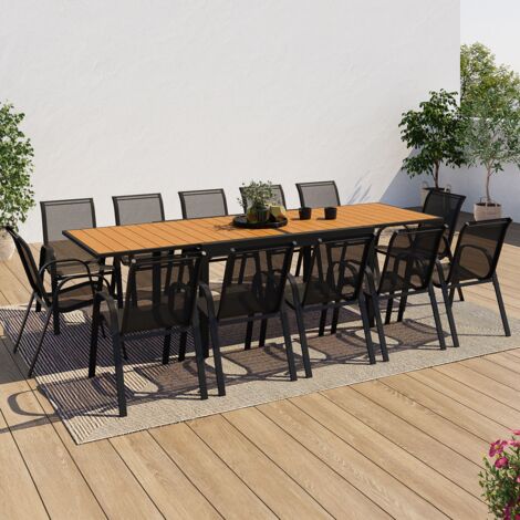 Conjunto de muebles de jardín POLY mesa extensible 135/270 cm y 12 sillas madera y negro