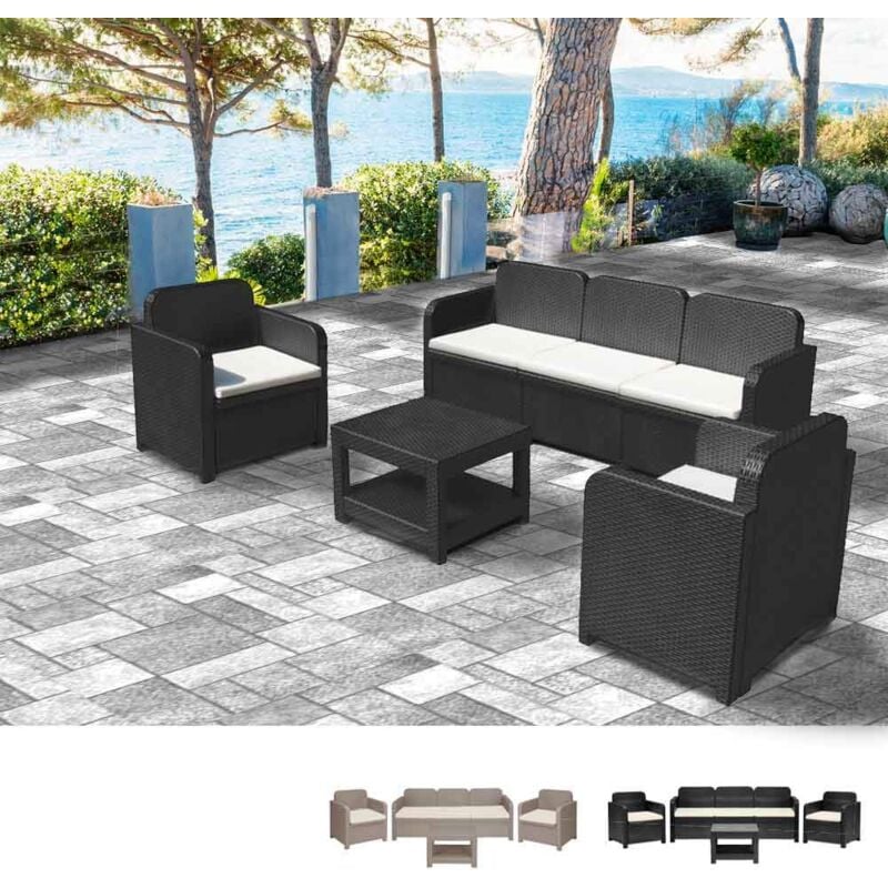 

Grand Soleil - Conjunto de muebles de jardín Positano ratán sofá mesa pequeña sillones 5 plazas exteriores | Negro