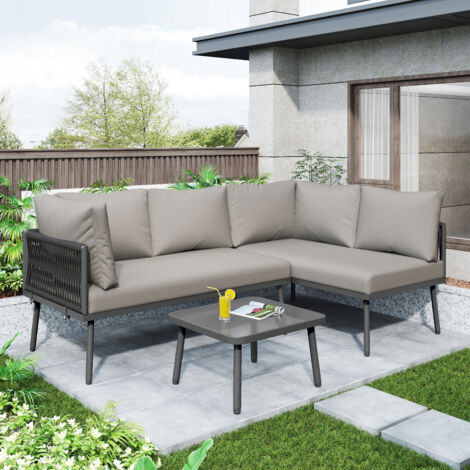 Conjunto de muebles de jardín, sofá en L, 2 sofás + 1 mesa de centro, estructura de hierro, color gris