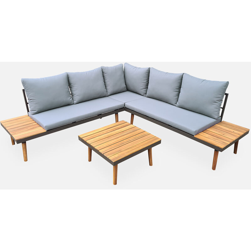 

Alice's Garden - Conjunto de muebles de jardín de madera de 4 plazas - Cachi - Cojines grises, sofá de esquina, mesas auxiliares y mesa de centro de