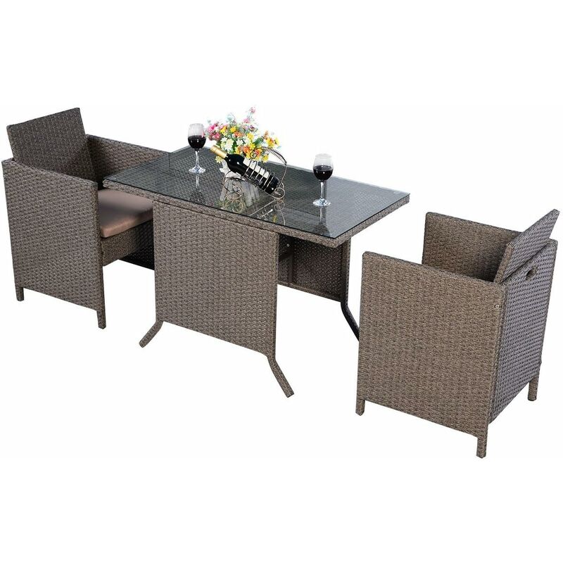 Conjunto De Muebles Ratán Set Para Jardín Patio Terraza Una Mesa Y Dos Sillas Con Cojines Color Marrón Claro