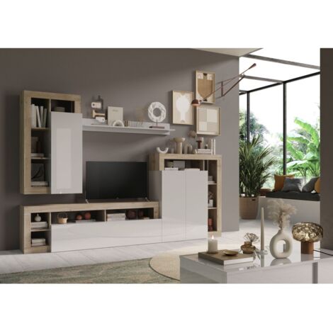 Conjunto de muebles de salón colección BURA, longitud 290cm. Color roble Cadiz y blanco lacado brillante.