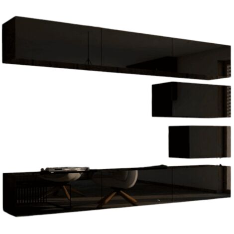 Conjunto de muebles de salón colgantes negros colección CEPTO XVI 249cm, 8 muebles, modulares.
