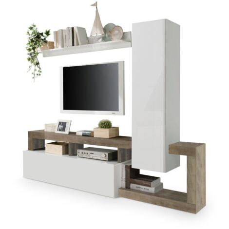 Conjunto de muebles de salón con almacenamiento, colección BURA, longitud 219 cm, blanco lacado/roble cadiz