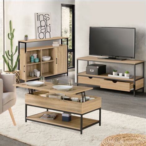 Conjunto de muebles de salón de diseño industrial DETROIT con buffet, mesa de centro elevable y soporte para TV