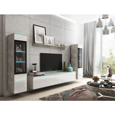 Conjunto de muebles de salón VERA II, juego de muebles de salón, iluminación LED incluida, color hormigón/blanco brillo
