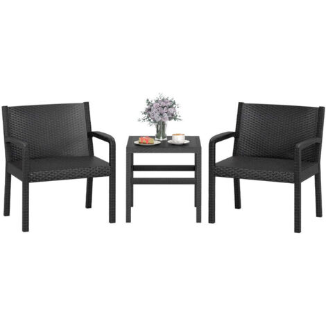 Conjunto de muebles de terraza de 3 piezas 63 x 58 x 775 cm sillas ergonómicas con mesa auxiliar de PP negra 200011905