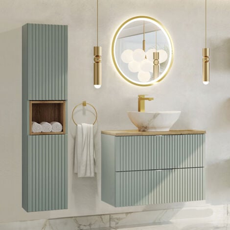 PETITS-MEUBLES Conjunto de muebles lavabo individual 80cm 2 cajones y columna Verde Jade y Madera