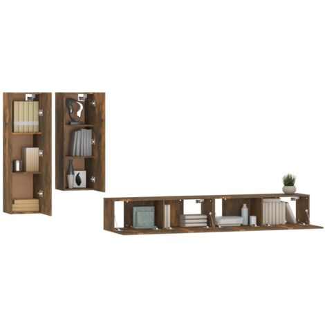 Conjunto de muebles mueble aparador TV televisión salón dormitorio salón 4 piezas roble ahumado madera de ingeniería marrón 020024795